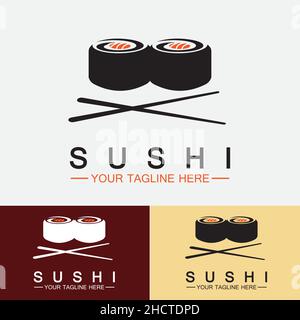 Sushi logo template.Vector Icon Style Illustration Bar or Shop, Sushi,Salmon Roll,Sushi and rolls with chopstick bar or restaurant vector logo Stock Vector