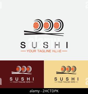 Sushi logo template.Vector Icon Style Illustration Bar or Shop, Sushi,Salmon Roll,Sushi and rolls with chopstick bar or restaurant vector logo Stock Vector