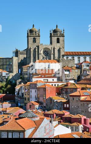 View of an episcopal palace and colorful houses in Porto, Portugal ...