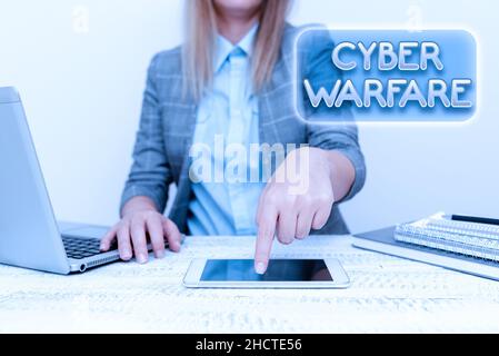 Text showing inspiration Cyber Warfare. Business overview Virtual War Hackers System Attacks Digital Thief Stalker Architect Interviewing Client Stock Photo