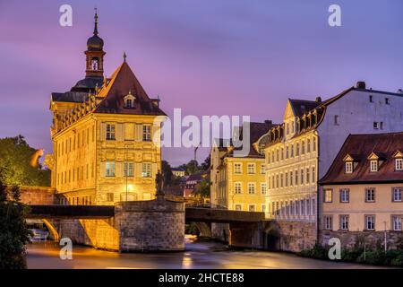 The Alte Rathaus and the river Regnitz in Bamberg, Germany, at dawn Stock Photo