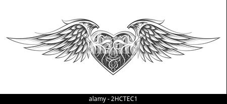 Monochrome Tattoo of Winged Heart Drawn in engraving style isolated on white. Vector illustration. Stock Vector