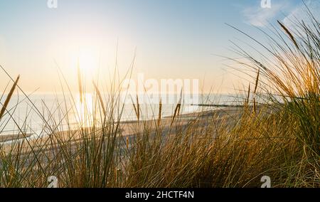 Baltic sea over sand dunes with ocean view, sunset summer evening Stock Photo