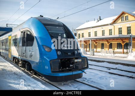 Zakopane, Poland - December 28, 2021: Train at Zakopane train station on December 28, 2021. Stock Photo