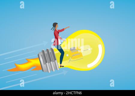Woman with great idea. Flying on lightbulb. Vector illustration. Dimension 16:9 EPS10. Stock Vector