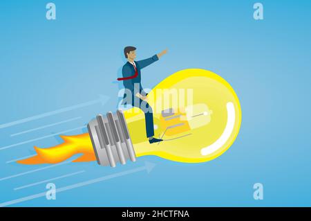 Man with great idea. Flying on lightbulb. Vector illustration. Dimension 16:9 EPS10. Stock Vector