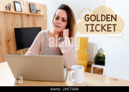 Sign displaying Golden Ticket. Concept meaning Rain Check Access VIP Passport Box Office Seat Event Browsing And Chatting In Social Media, Searching Stock Photo