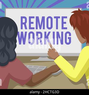 Sign displaying Remote Working. Internet Concept style that allows professionals to work outside of an office Couple Drawing Using Desktop Computer Stock Photo