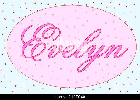 An oval pink female style background with hearts of red and white with the girl name Elelyn set in the centre Stock Photo