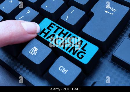 Hand writing sign Ethical Hacking. Business idea a legal attempt of cracking a network for penetration testing Typing New Email Titles Concept Stock Photo