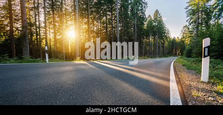 hughway into Silent Forest in spring with beautiful bright sun rays Stock Photo