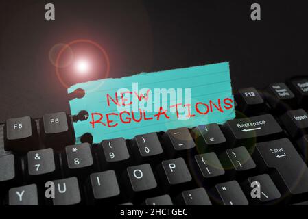 Conceptual caption New Regulations. Business overview latest established laws enforced by government or authority Abstract Typing New Business Slogan Stock Photo