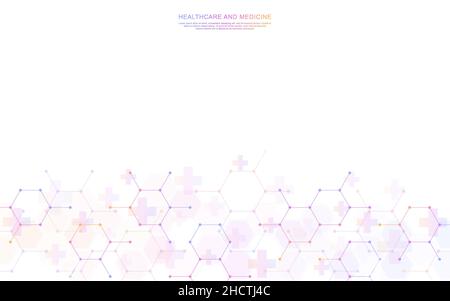 Healthcare medical background with hexagons pattern and crosses. Vector illustration for health care and medicine design, pharmaceutical manufacturing Stock Vector