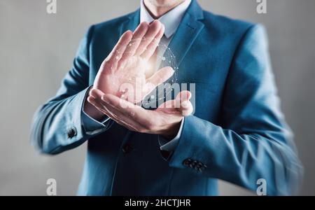 Businessman with digital planet in hands, global connection concept image Stock Photo