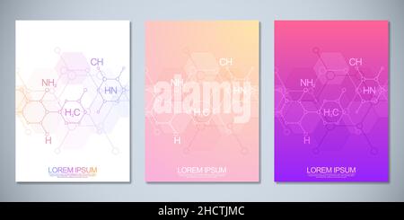 Template brochures or cover book, page layout, flyer design with abstract background of chemical formulas and molecular structures. Science and Stock Vector