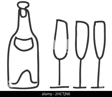 Champagne bottle and glasses dood drawing vector illustration hand drawn line sketch Stock Vector