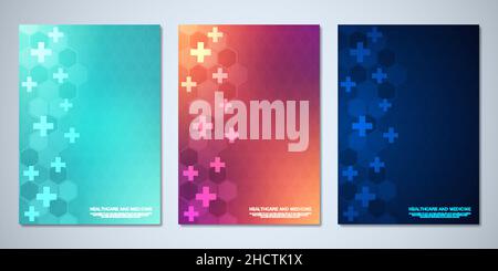 Template brochure or cover book, page layout, flyer design with hexagons pattern, and crosses. Concept and idea for health care business, innovation Stock Vector