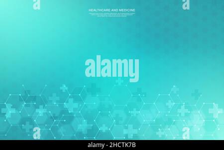 Healthcare medical background with hexagons pattern and crosses. Vector illustration for health care and medicine design, pharmaceutical manufacturing Stock Vector