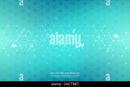 Medical background and healthcare technology with flat icons and symbols. Concept and idea for health care business, innovation medicine, health Stock Vector