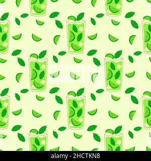 Seamless pattern Mojito in a glass with slices of lime, mint leaves and ice cubes. Summer drink. Colorful vector illustration hand drawn. Wrapping or Stock Vector