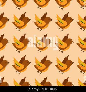 Seamless pattern with cute bird with colorful plumage in flight flaps its wings. Brown color with bright feathers. Wildlife representative. Cartoon st Stock Vector