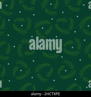 Seamless pattern. Spruce twigs and snow on a green background. Set of three pine branches, evergreen tree. Vector hand drawn illustration. Christmas t Stock Vector