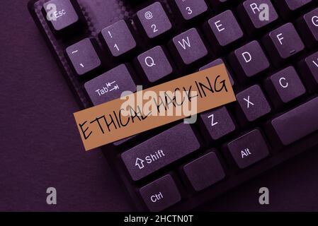 Hand writing sign Ethical Hacking. Internet Concept a legal attempt of cracking a network for penetration testing Creating New Online Cookbook, Typing Stock Photo