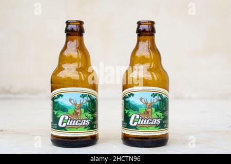 Bucharest, Romania - June 6, 2020: Two brown Ciucas beer bottles, traditional Romanian beer, on dark white background Stock Photo