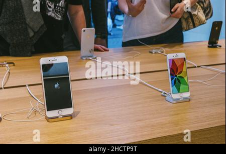 presentation of the iPhone 8 and iPhone 8 plus and sales of new Apple products in the official Apple store. The new iPhones stand in a row. Stock Photo