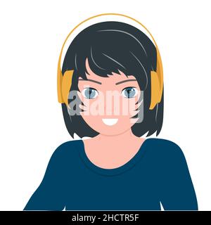 Young guy listens to music and podcasts in headphones. Vector, flat,white background. Stock Vector