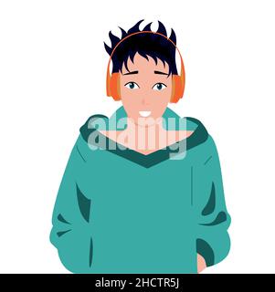 Young guy listens to music and podcasts in headphones. Vector, flat,white background. Stock Vector