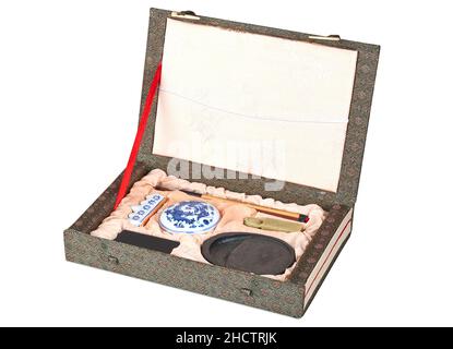 Set Box of Chinese stationary for calligraphy isolated on white with clipping path Stock Photo