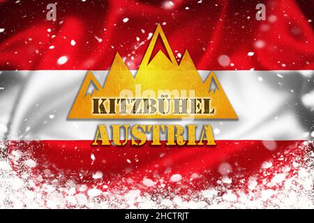 Kitzbuhel banner illustration on Austian flag and snow layer, famous ski destination in Alps, Austria Stock Photo