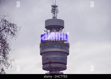 London, UK 1st January 2022. '2022 Is Here' message displayed on the BT Tower on New Year's Day. Stock Photo