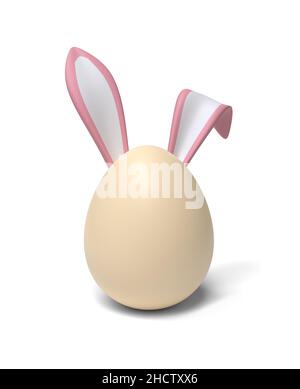 Natural color egg with bunny ears. Easter design element. 3D illustration. Stock Photo
