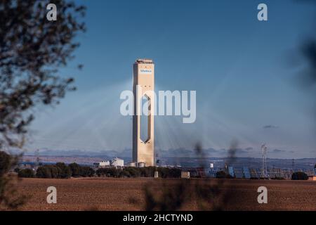 Sanlúcar la mayor, Seville, Spain. December 7, 2021: Solar thermal power plant photovoltaic installation. It was created in 1984 and is still one of t Stock Photo