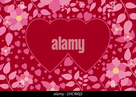 valentines day pattern illustration, on dark red background, surrounded by blooming leaves and flowers, great for valentines day greeting cards, gifts Stock Vector