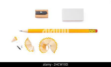 set of writing tools, pencil, eraser and sharpener isolated on white background Stock Photo