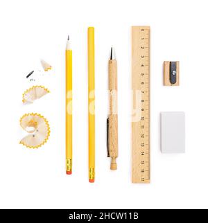 writing utensils, pens and an eraser isolated on white background Stock  Photo - Alamy