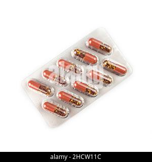Silver blister packs capsule pills collection isolate on white backround Stock Photo