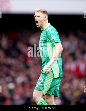 Arsenal goalkeeper Aaron Ramsdale reacts during the Premier League match at the Emirates Stadium, London. Picture date: Saturday January 1, 2022. Stock Photo