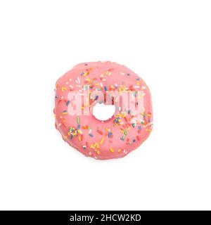 pink sugar coated doughnut with colorful sprinkles, isolated on white background Stock Photo