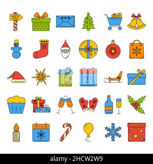 Set of Christmas icons in colored line style. Christmas and New Year symbols collection isolated on white background. Vector illustration. Stock Vector