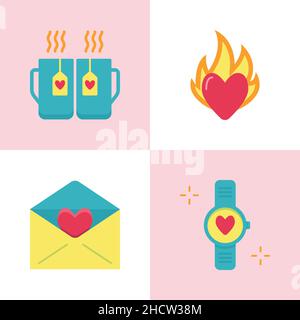 Valentine day romantic icon set in flat style. Love symbols including two cups with hot drink, heart on fire, envelope with heart, and wristwatch. Vec Stock Vector