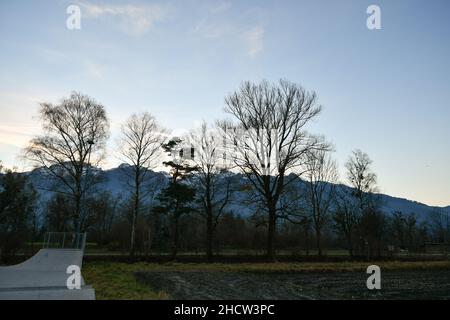 Vaduz, Liechtenstein, November 19, 2021 Natural scenery with an agriculture place in the alps Stock Photo