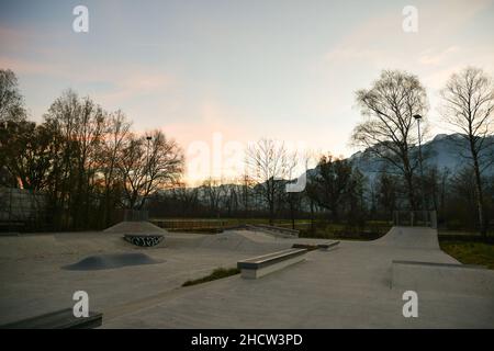 Vaduz, Liechtenstein, November 19, 2021 Majestic evening mood at the skateboard place Stock Photo