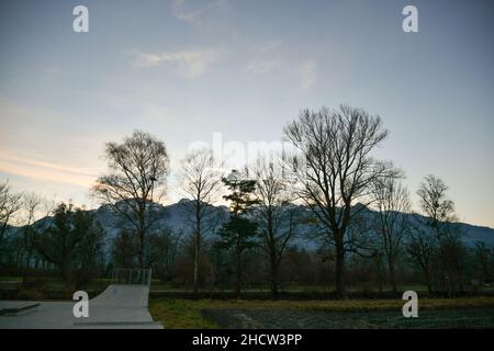 Vaduz, Liechtenstein, November 19, 2021 Natural scenery with an agriculture place in the alps Stock Photo