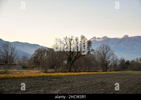 Vaduz, Liechtenstein, November 19, 2021 Natural scenery with an agriculture place in the alps Stock Photo