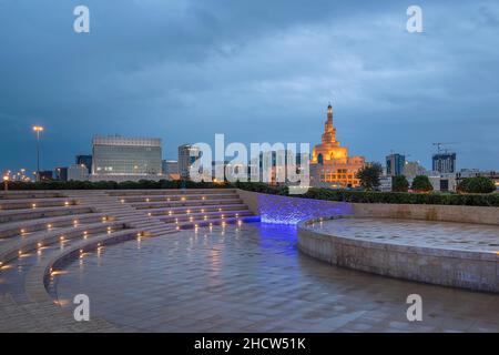 Panoramic Ariel View of Doha City with Iconic Doha Fanar Mosque sunset time Stock Photo