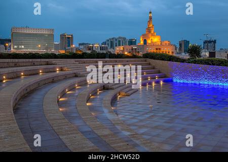 Panoramic Ariel View of Doha City with Iconic Doha Fanar Mosque sunset time Stock Photo